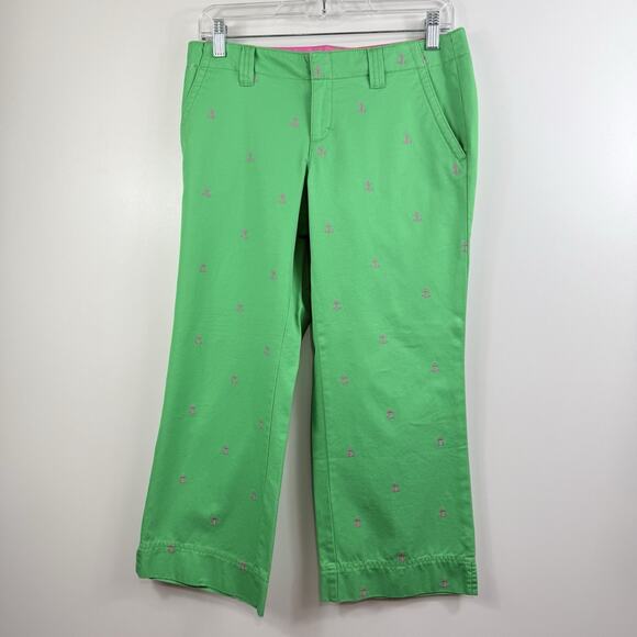 Lilly Pulitzer Vintage Palm Beach Fit Green Capri Pants Size 2 Pink Anchors - Picture 12 of 12